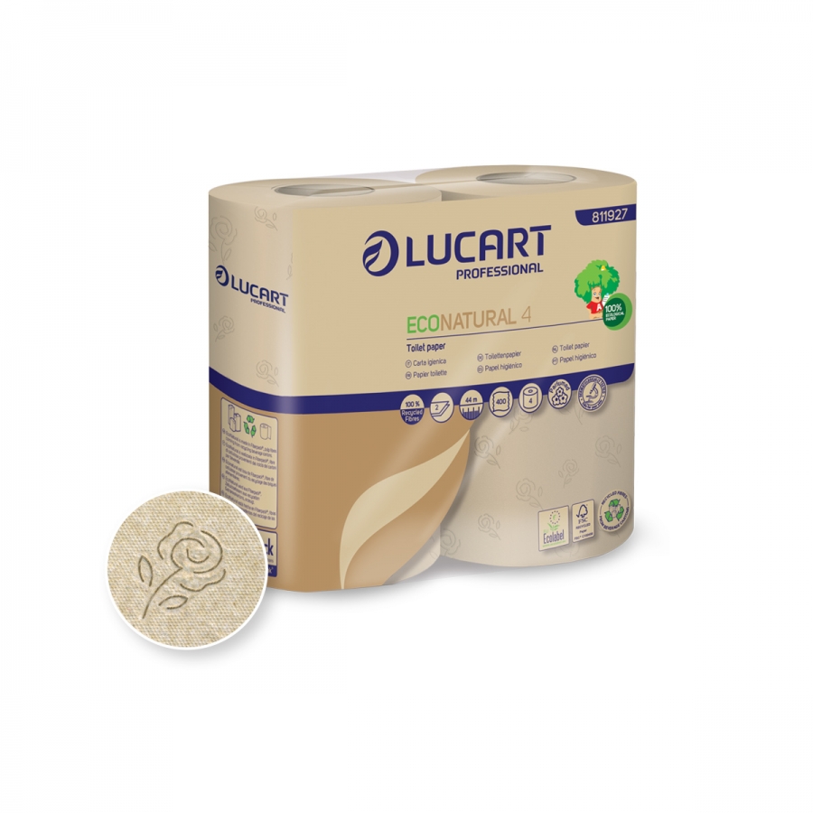 Carta igienica econatural colore avana 2 veli microgoffrata. In rotolo standard 44mt, 400strappi. Diametro rotolo 12,5cm. Diametro anima 4,5cm. Strappo: 9,5x11cm Lucart Professional