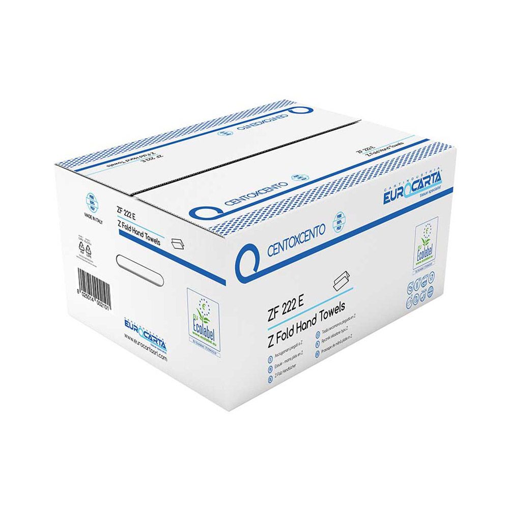 Asciugamani: 1 cartone da 25 confezioni da 150 fogli di carta per le mani Eurocarta linea CentoxCento-pura cellulosa-colore bianco-2 veli