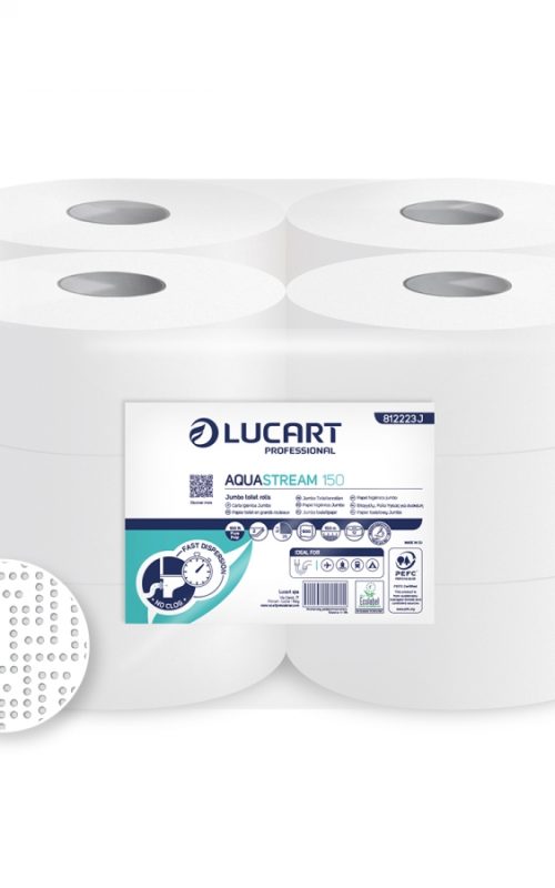 Carta igienica Lucart Aquastream mini jumbo 2 veli 12 rotoli da 600 strappi 150mt Ø 19 cm