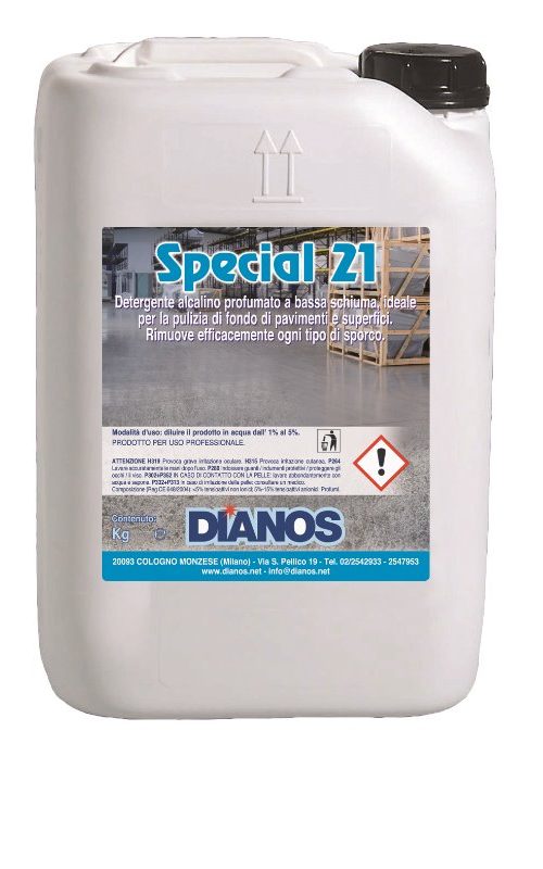SPECIAL 21 Detergente alcalino profumato a bassa schiuma indicato per la pulizia di fondo di tutti i tipi di pavimenti e superfici dure.